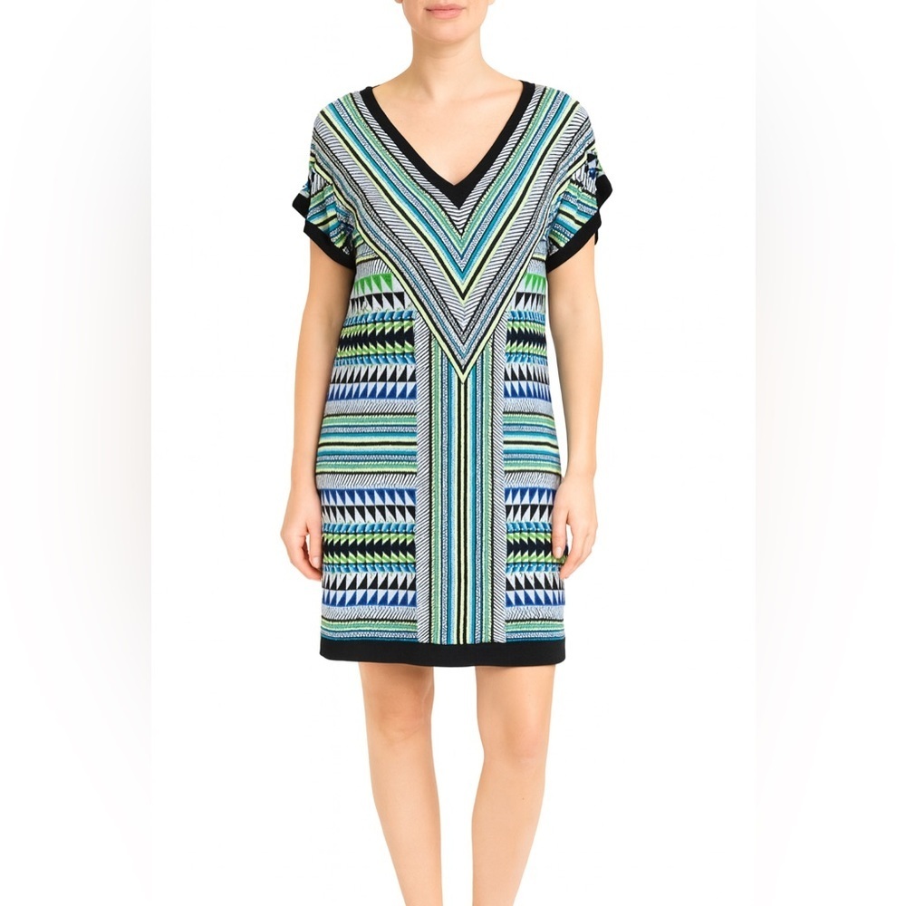 LONDON TIMES Geometric Print Vee Neck and Back Short Sleeve Mini Dress US Sz 12